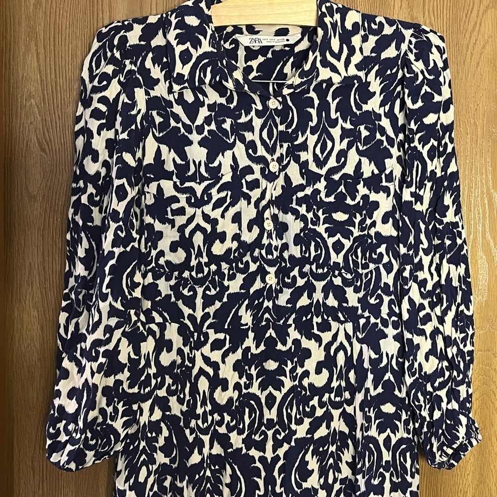 Zara White and Blue Sheath Dress 3/4 Sleeve Crew Neck - Picture 4 of 13